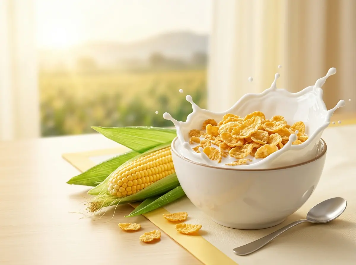 A bowl of corn flakes with milk beside a corn cob