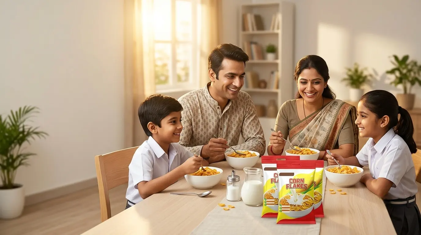 An illustration of a family enjoying cereal at the breakfast table