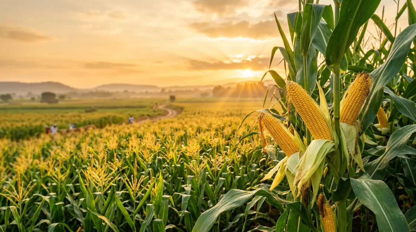 Sunlit cornfield at golden hour