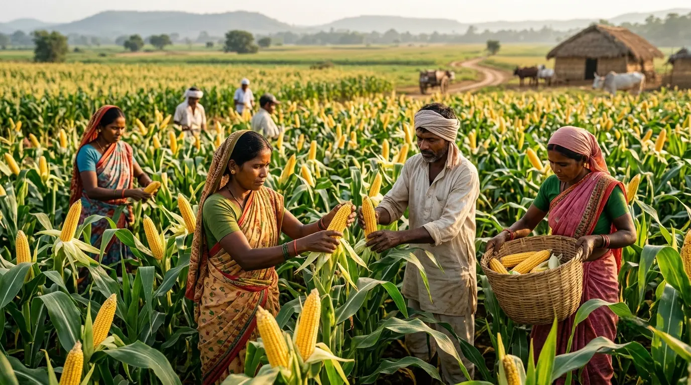 An illustration of farmers harvesting corn in a field