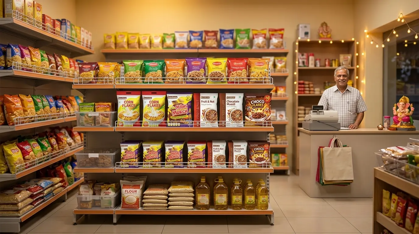 An illustration of a neighbourhood store shelf stocked with packaged foods